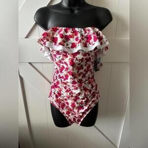 Tommy Hilfiger White Floral Ruffled Top One Piece Swimsuit  - Size 12 NWT